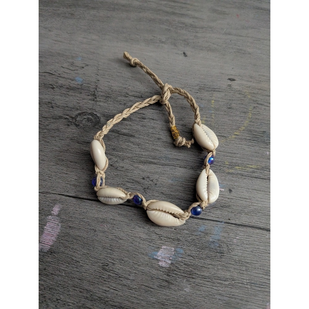 Cowrie Shell Anklet Bracelet Braided Jute Blue Beads Boho Beach Jewelry Cream